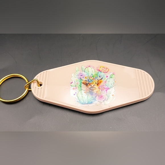 Handmade Accessories - Retro Motel Keychain Highland Cow Cactus Western UV Resin DTF Sticker Handmade